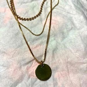 Triple chain gold necklace with attached disc #033